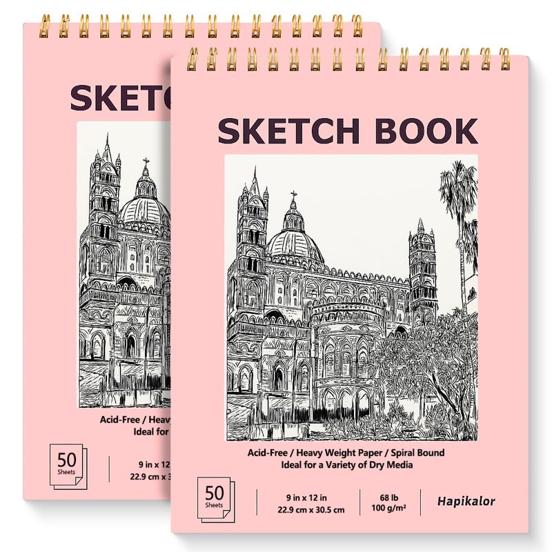 كتاب رسم مقاس 9 × 12 بوصة، عبوتان مكونتان من 50 ورقة كراسة رسم فنية حلزونية، ورق كتاب رسم فني خالٍ من الأحماض، لوازم فنية للأطفال، أنشطة حرفية، ورق رسم لرسم رسم التلوين (وردي) - Image 1